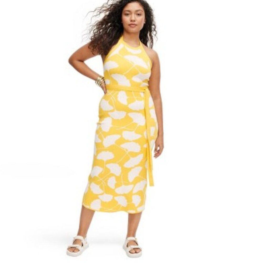 Diane Von Furstenberg Yellow and White Midi Dress
